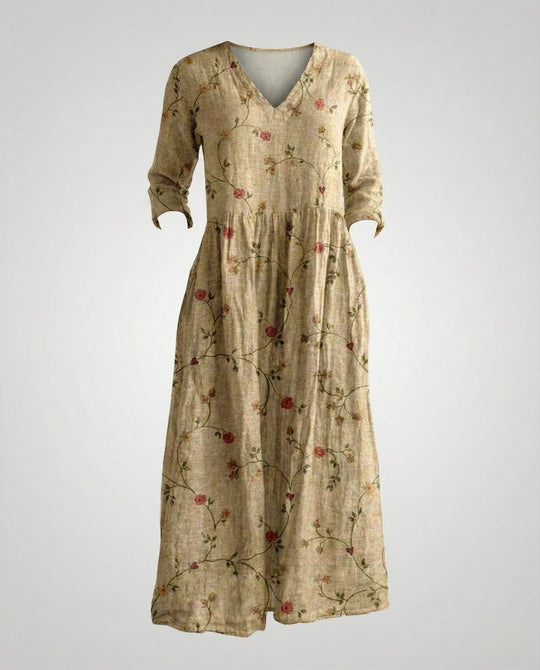 Damen Maxikleid Sommer Leinenoptik V-Ausschnitt