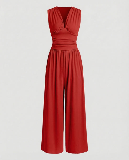 Damen Jumpsuit mit schickem V-Ausschnitt und weitem Bein R&B