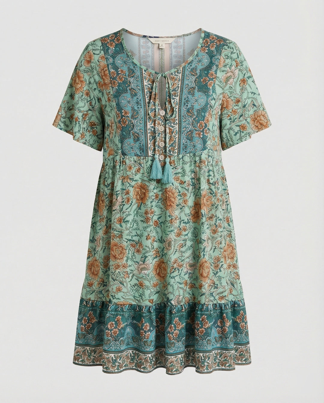 Damen Boho Midikleid A-Linie mit Bordüre