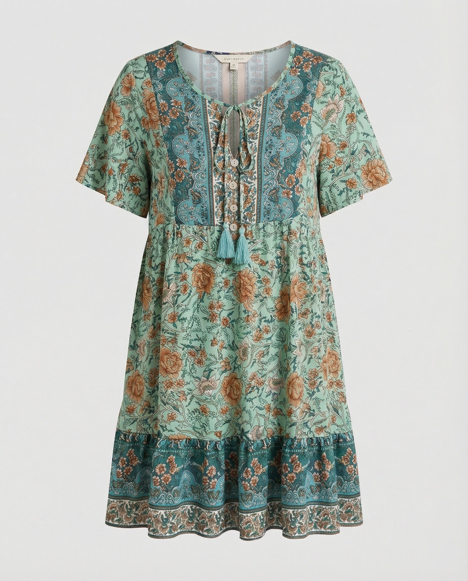 Damen Boho Midikleid A-Linie mit Bordüre