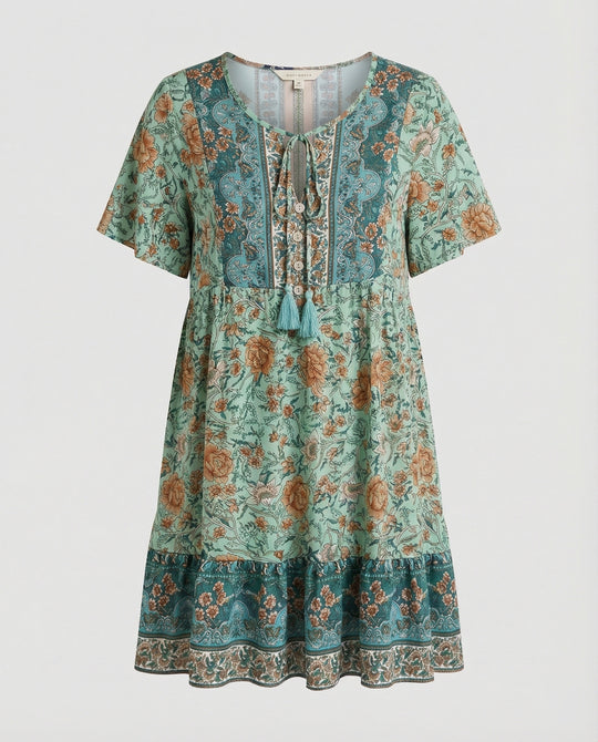 Damen Boho Midikleid A-Linie mit Bordüre