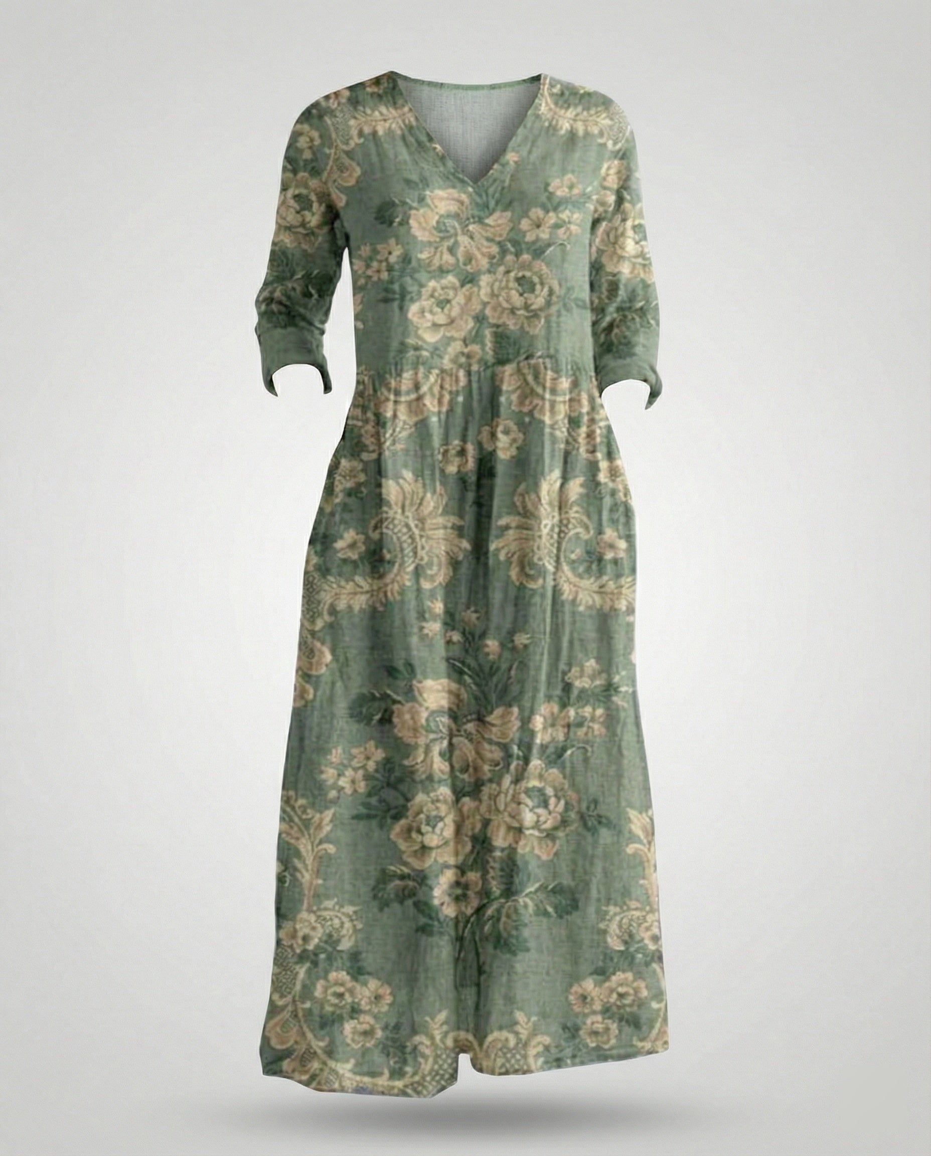 Damen Maxikleid Sommer Leinenoptik V-Ausschnitt
