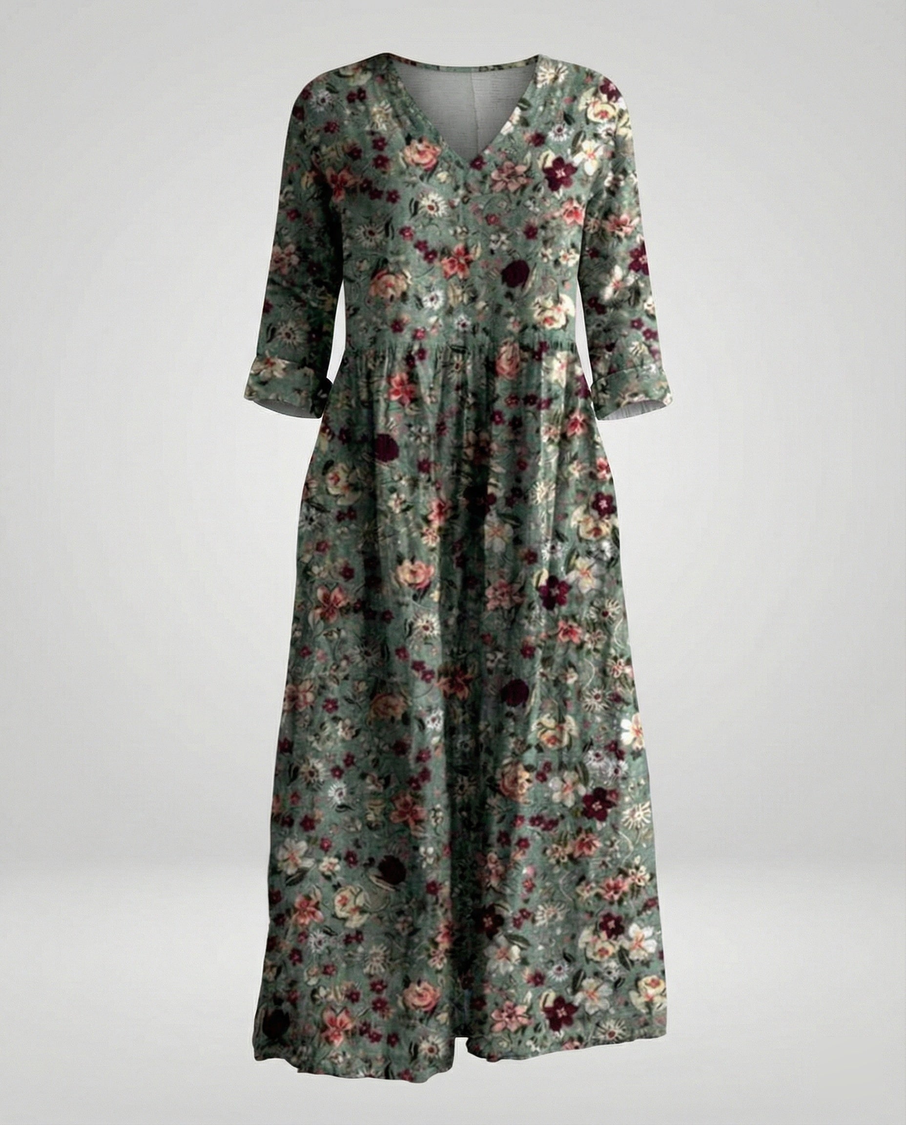 Damen Maxikleid Sommer Leinenoptik V-Ausschnitt