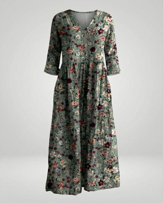 Damen Maxikleid Sommer Leinenoptik V-Ausschnitt