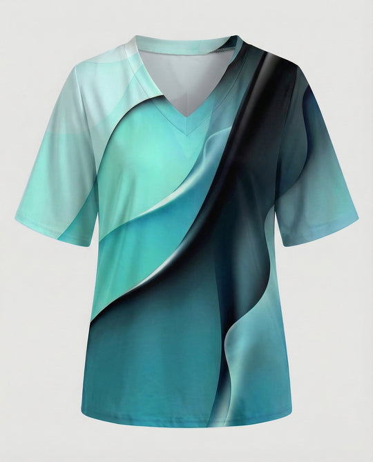 Damen V-Ausschnitt Bluse mit kreativem Wellenmuster R&B