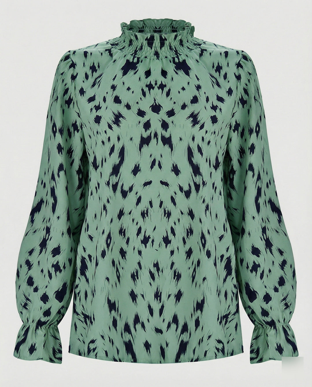 Damen elegante Bluse mit Rüschensaum und stilvollem Tiermuster R&B
