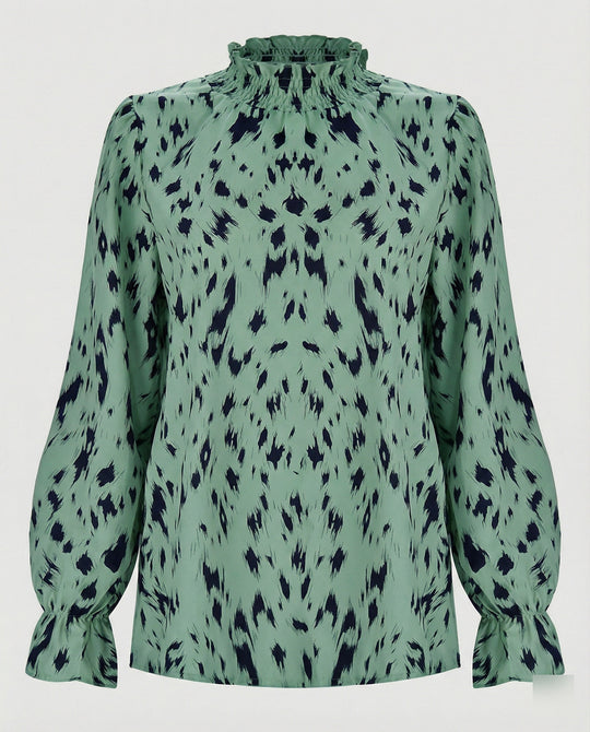 Damen elegante Bluse mit Rüschensaum und stilvollem Tiermuster R&B