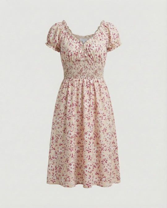 Damen Midikleid gesmokt mit Puffärmeln
