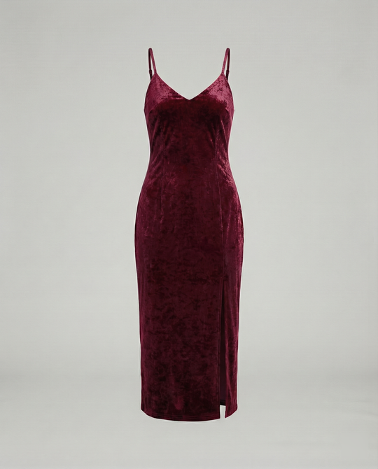 Damen Samt-Midi-Kleid mit tiefem V-Ausschnitt und seitlichem Schlitz R&B