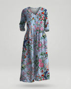 Damen Maxikleid Sommer Leinenoptik V-Ausschnitt