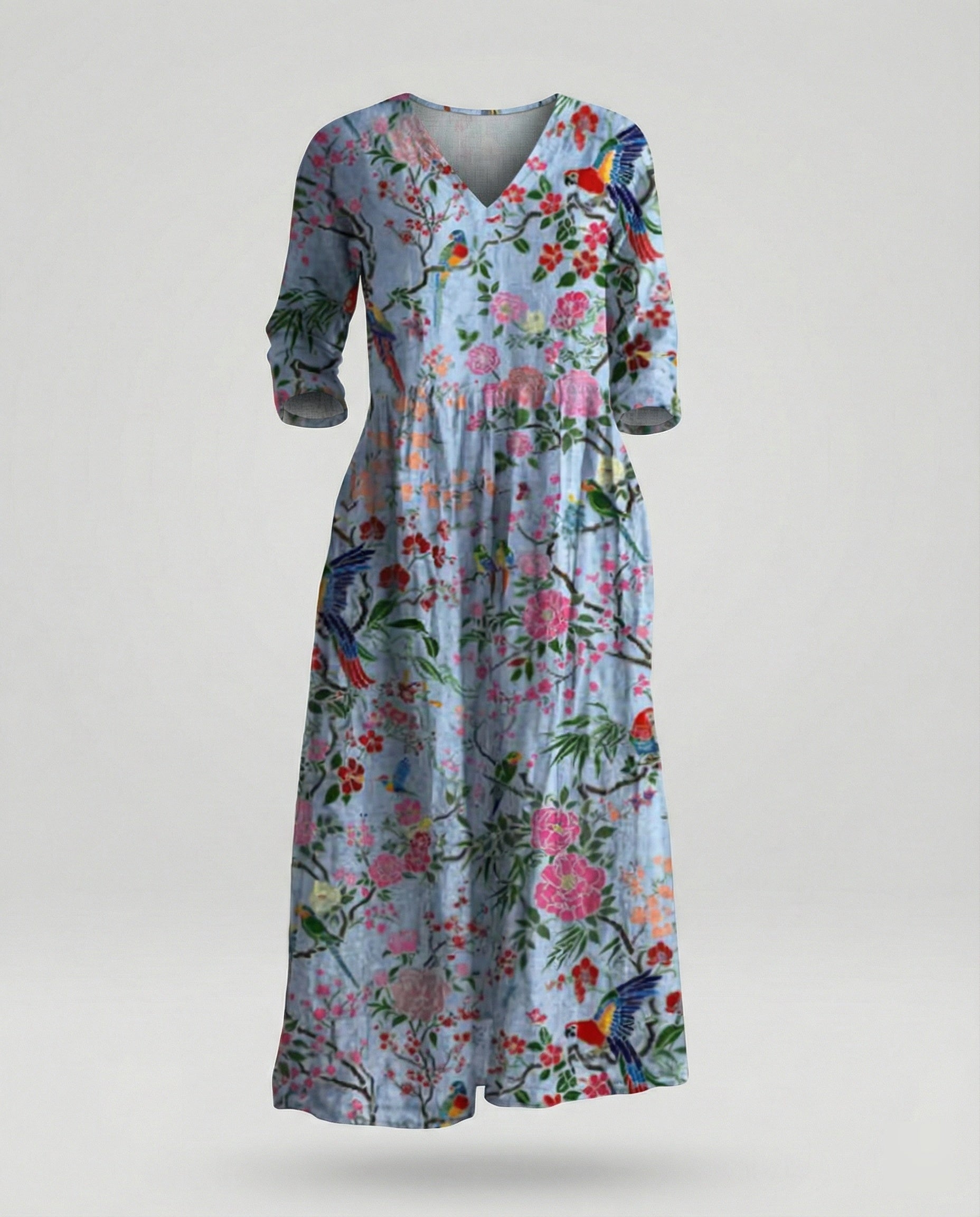 Damen Maxikleid Sommer Leinenoptik V-Ausschnitt