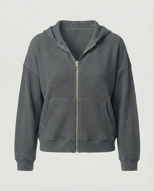 Damen lässige Waffle-Hoodie Jacke mit Reißverschluss R&B