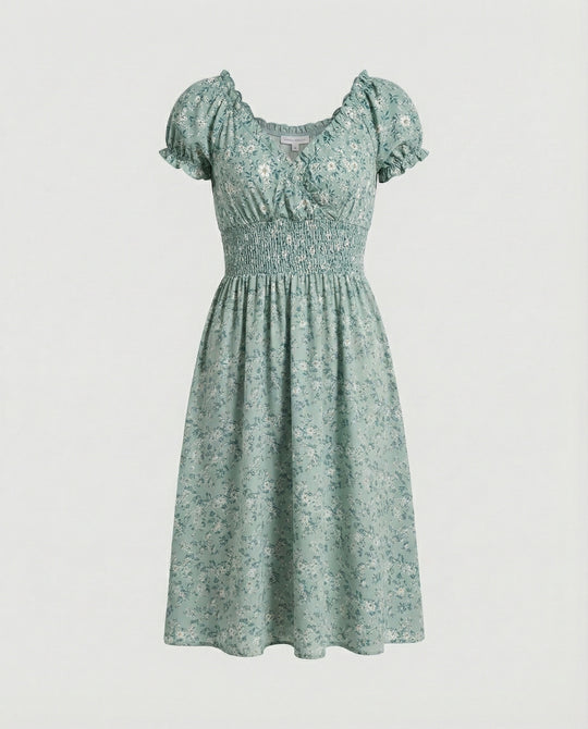 Damen Midikleid gesmokt mit Puffärmeln