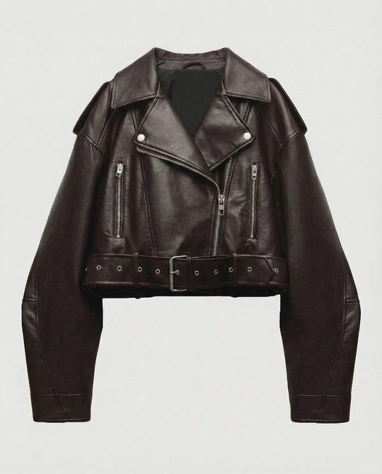 Damen Lederjacke Schwarz mit Gürtel