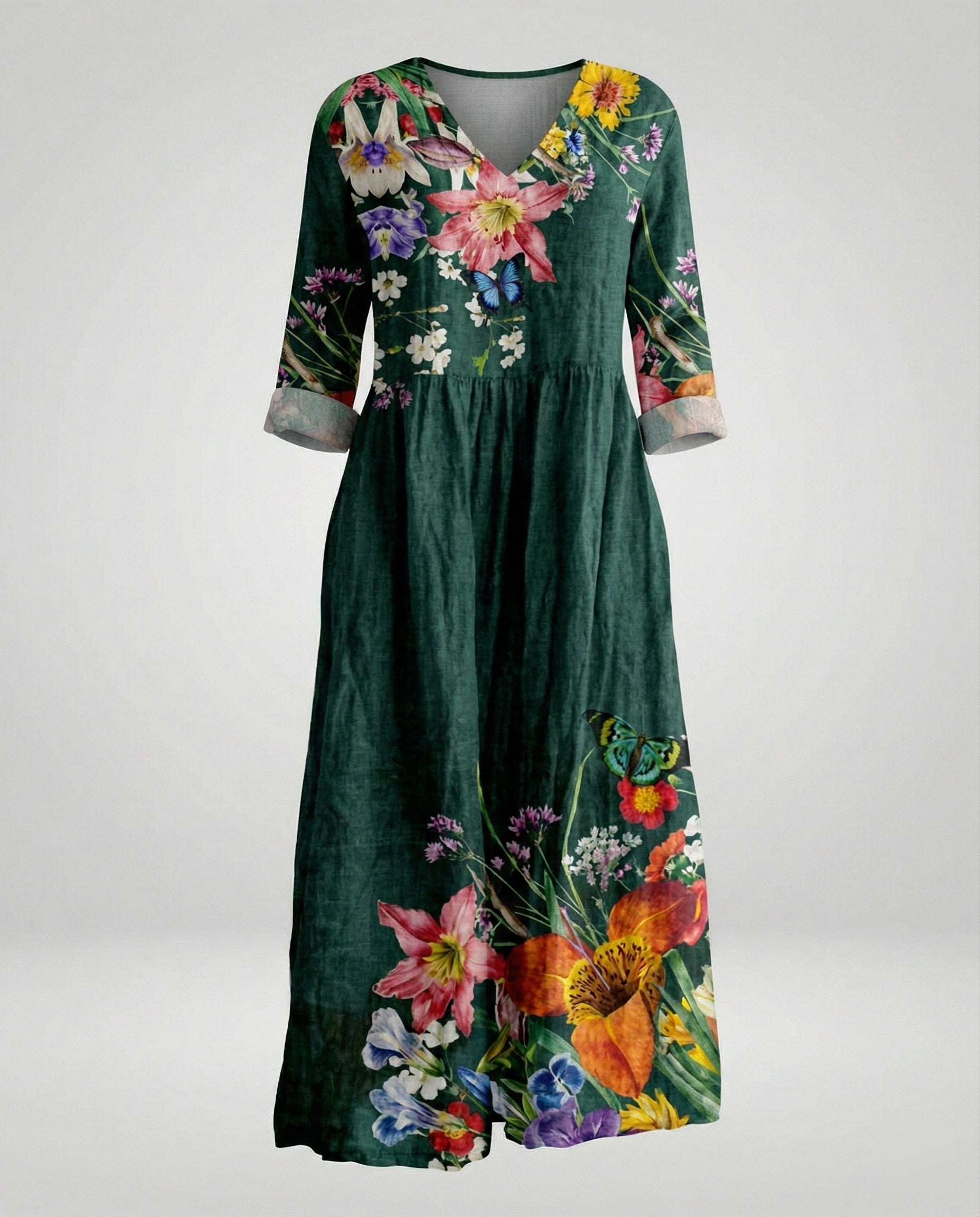 Damen Maxikleid Sommer Leinenoptik V-Ausschnitt