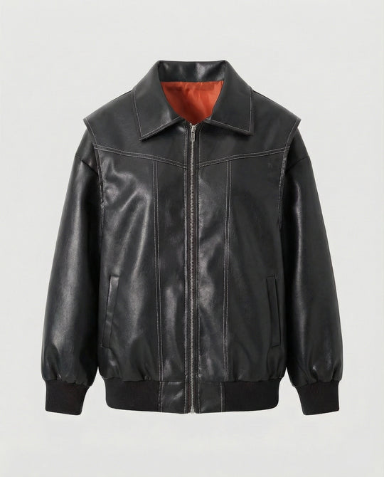 Damen elegante Kunstlederjacke mit hohem Kragen