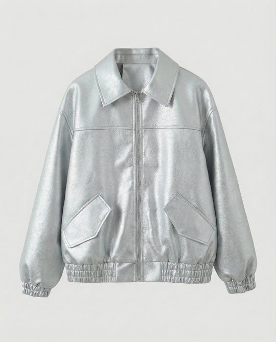 Damen Metallic Kunstlederjacke