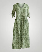 Damen Maxikleid Sommer Leinenoptik V-Ausschnitt