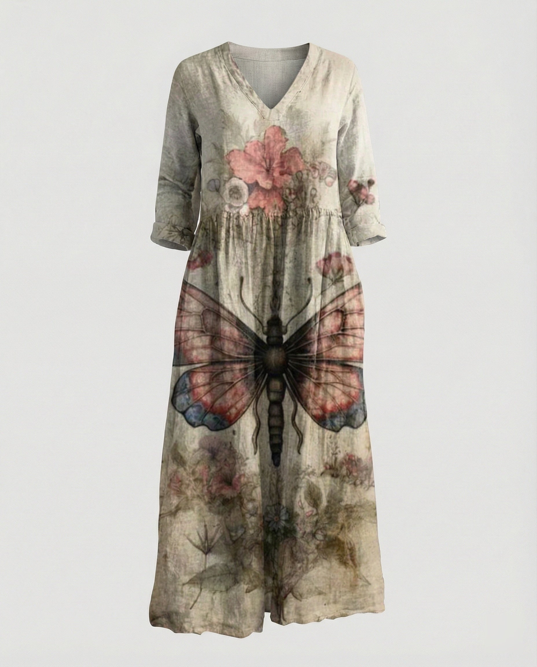 Damen Maxikleid Sommer Leinenoptik V-Ausschnitt