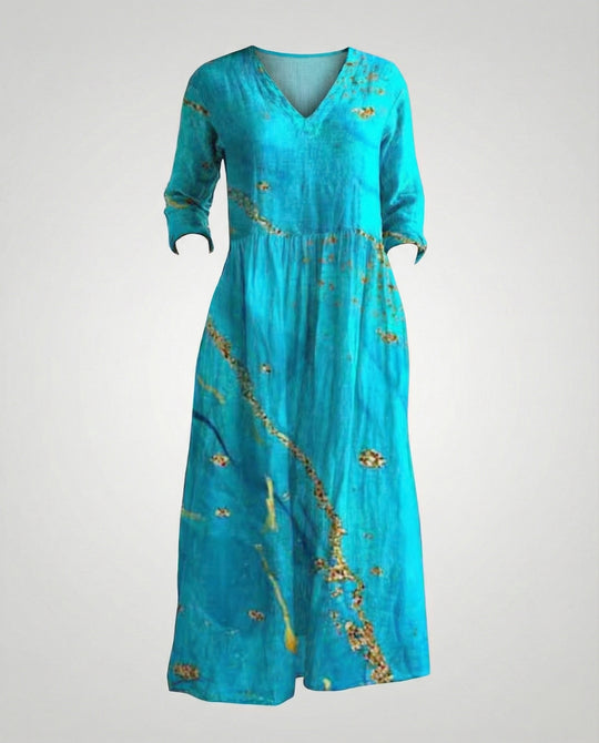 Damen Maxikleid Sommer Leinenoptik V-Ausschnitt