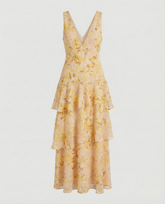 Maxikleid mit Rüschen und tiefem Ausschnitt
