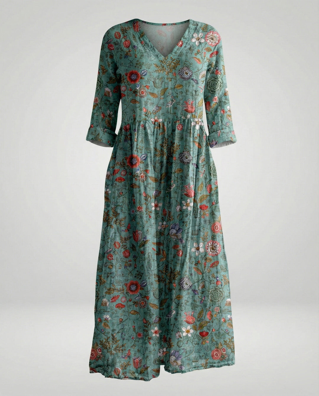 Damen Maxikleid Sommer Leinenoptik V-Ausschnitt