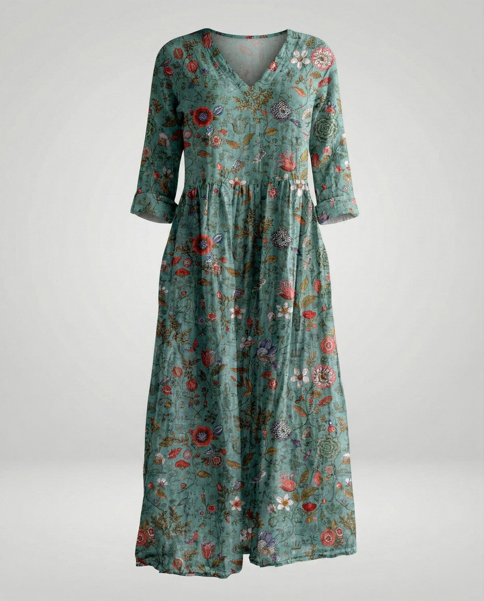 Damen Maxikleid Sommer Leinenoptik V-Ausschnitt