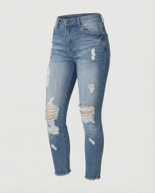 Damen figurbetonte Jeans im lässigen Destroyed-Look mit hohem Bund R&B