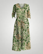 Damen Maxikleid Sommer Leinenoptik V-Ausschnitt