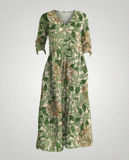 Damen Maxikleid Sommer Leinenoptik V-Ausschnitt