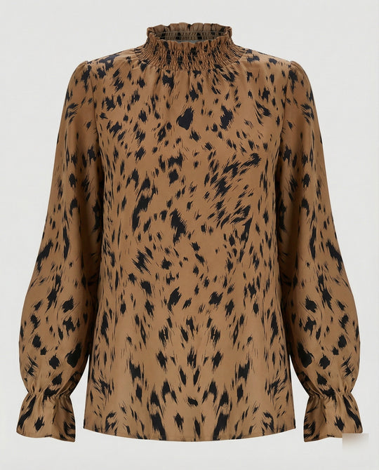 Damen elegante Bluse mit Rüschensaum und stilvollem Tiermuster R&B