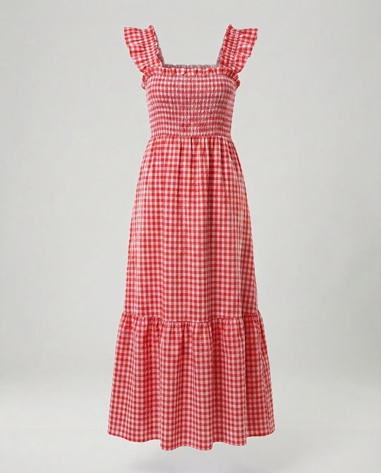 Damen Vichy Maxikleid mit Smokoberteil
