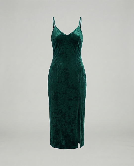 Damen Samt-Midi-Kleid mit tiefem V-Ausschnitt und seitlichem Schlitz R&B