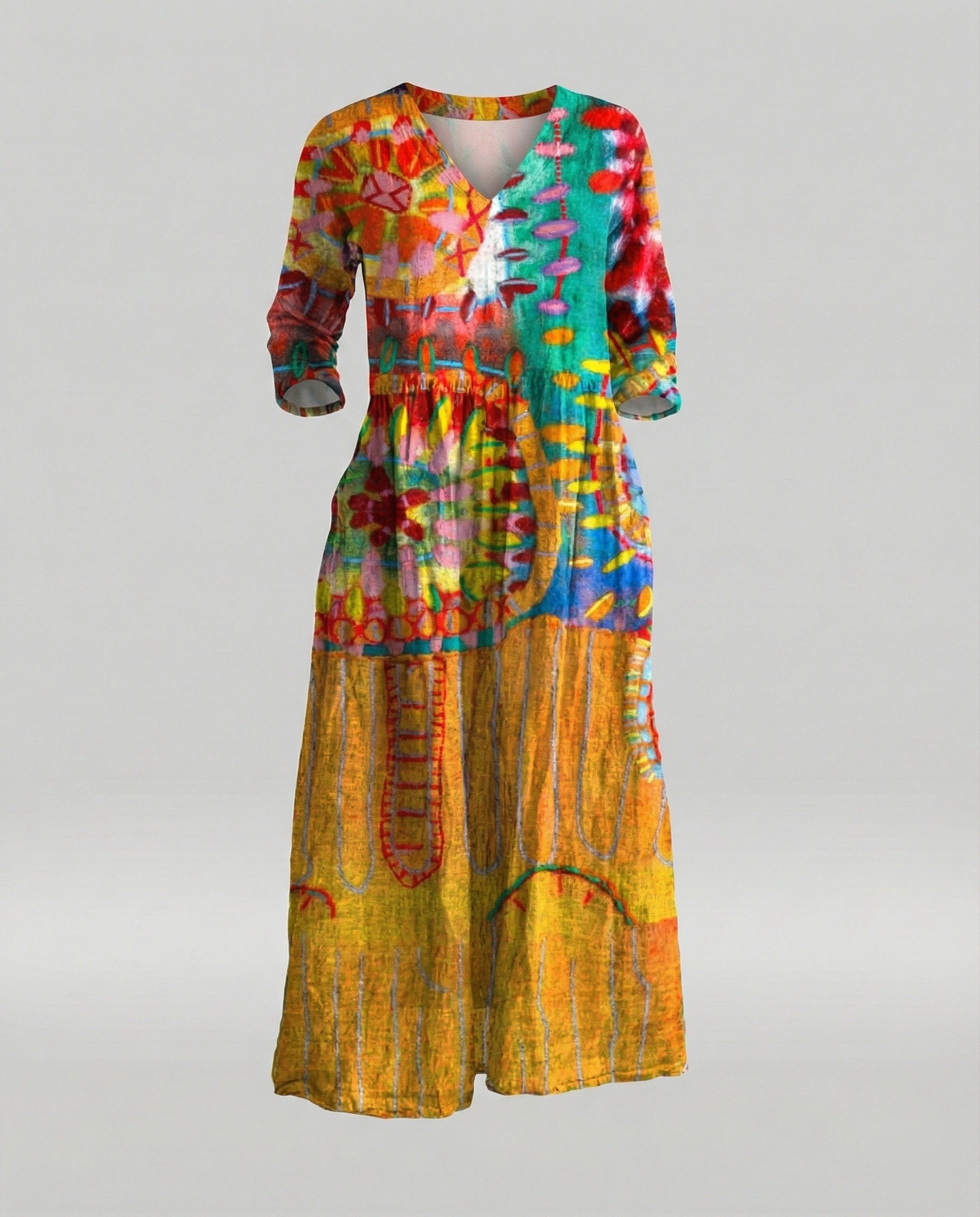 Damen Boho Maxikleid Sommer Leinenoptik