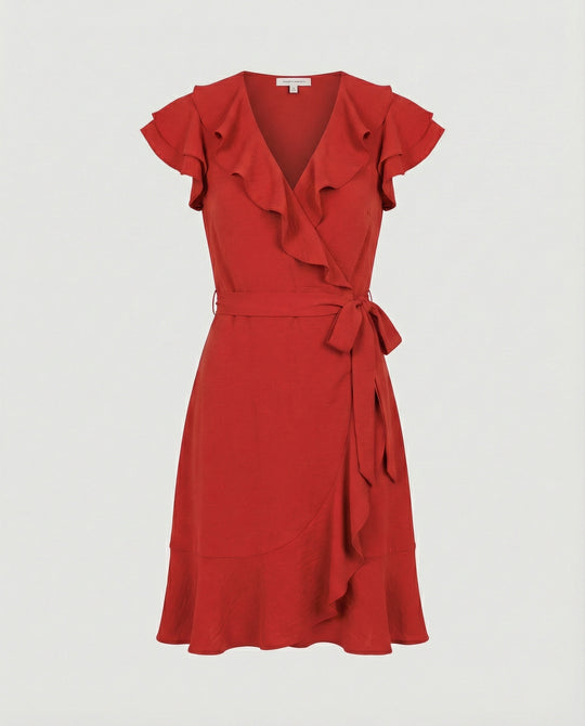 Damen Wickelkleid mit voluminösen Rüschendetails und Taillengürtel R&B