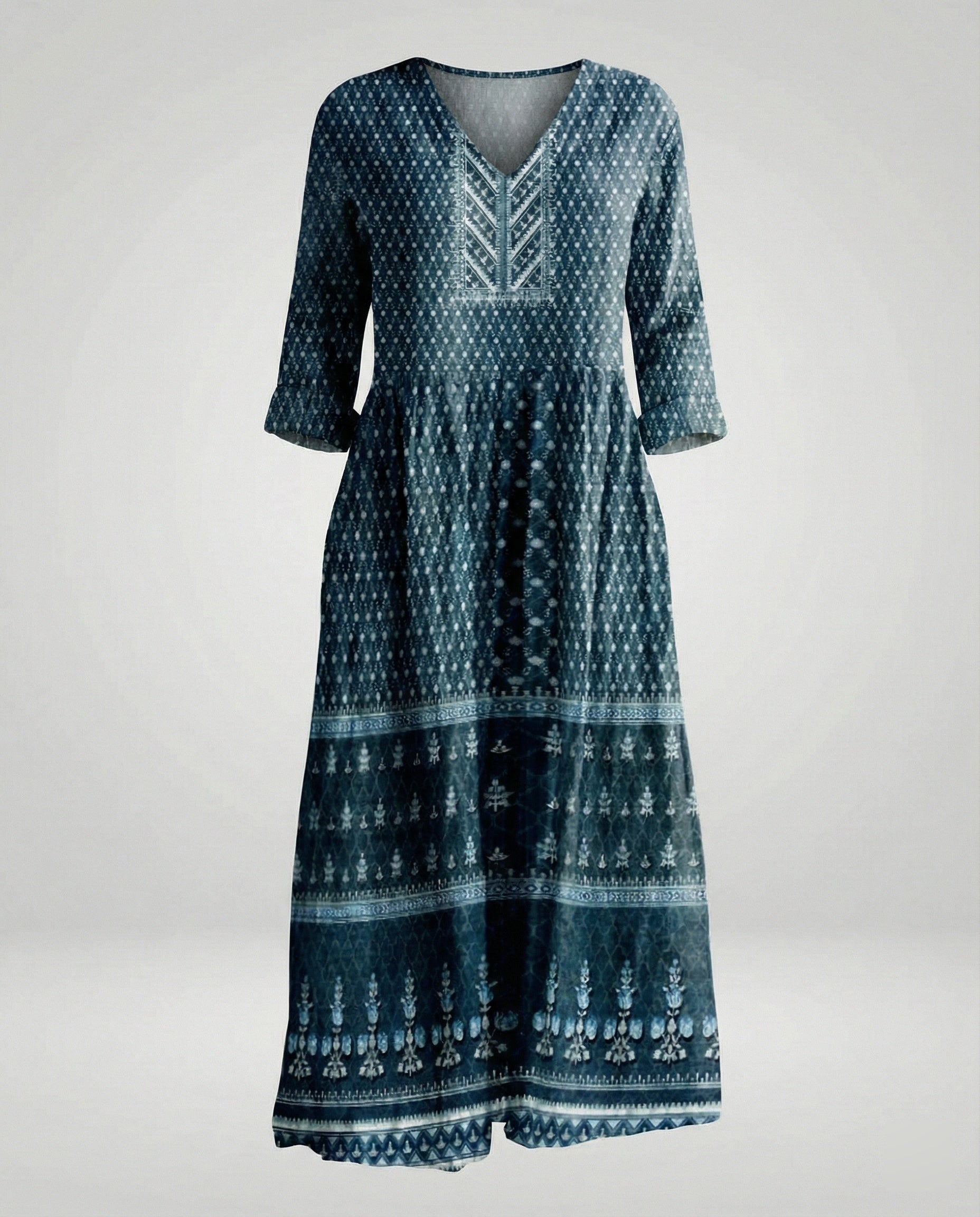 Damen Maxikleid Sommer Leinenoptik V-Ausschnitt