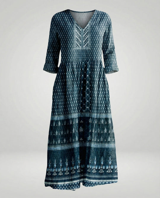 Damen Maxikleid Sommer Leinenoptik V-Ausschnitt