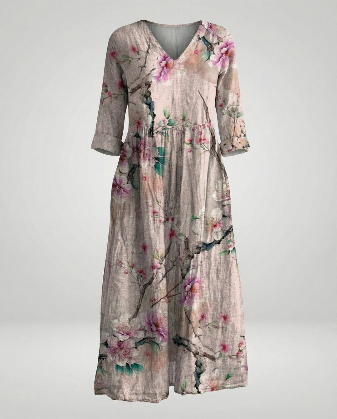 Damen Maxikleid Sommer Leinenoptik V-Ausschnitt