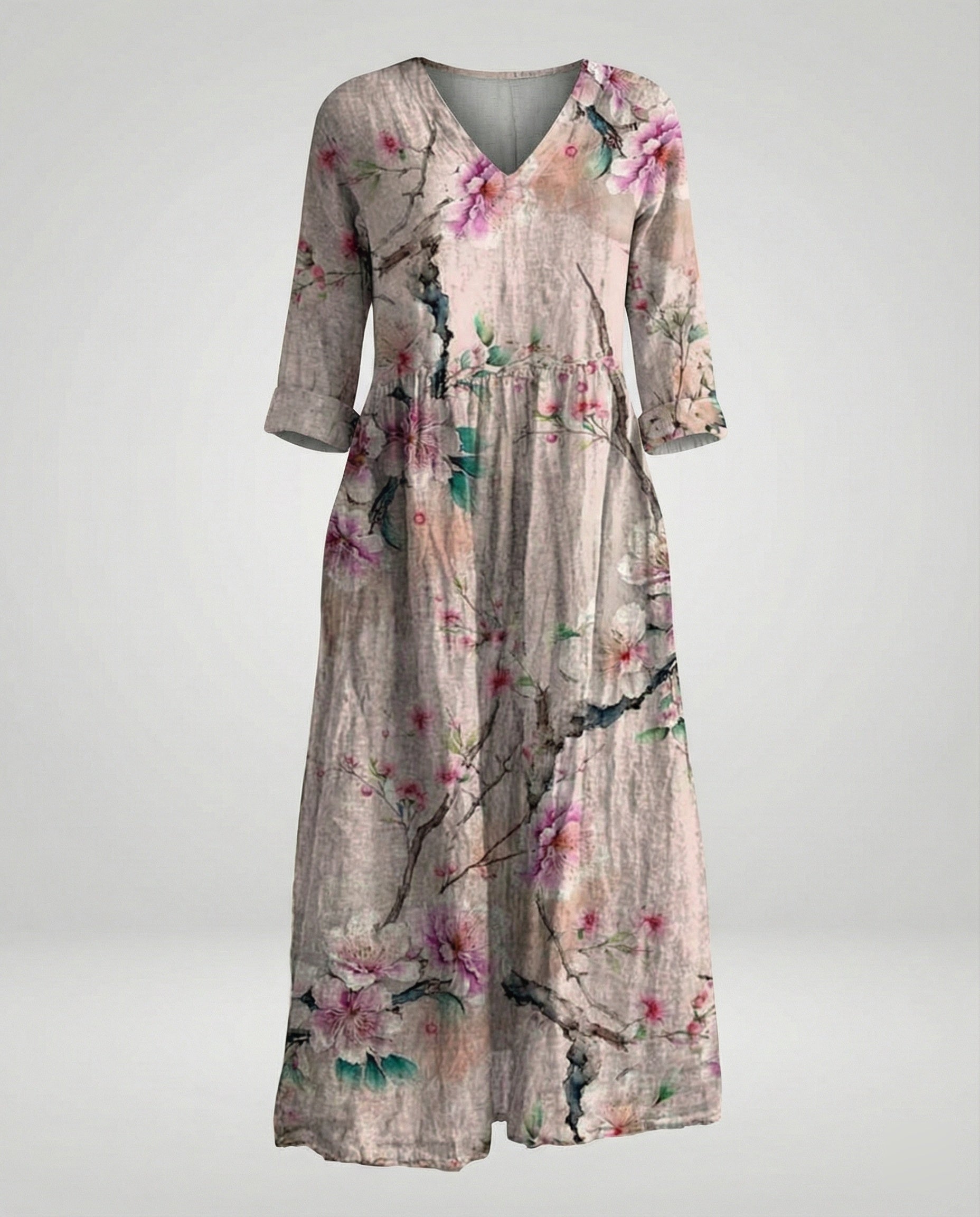 Damen Maxikleid Sommer Leinenoptik V-Ausschnitt