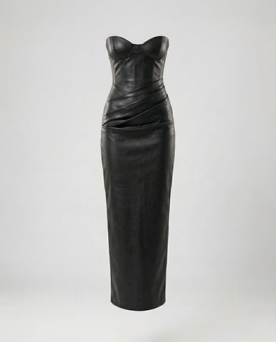 Damen langärmliges Lederkleid mit Herz-Ausschnitt