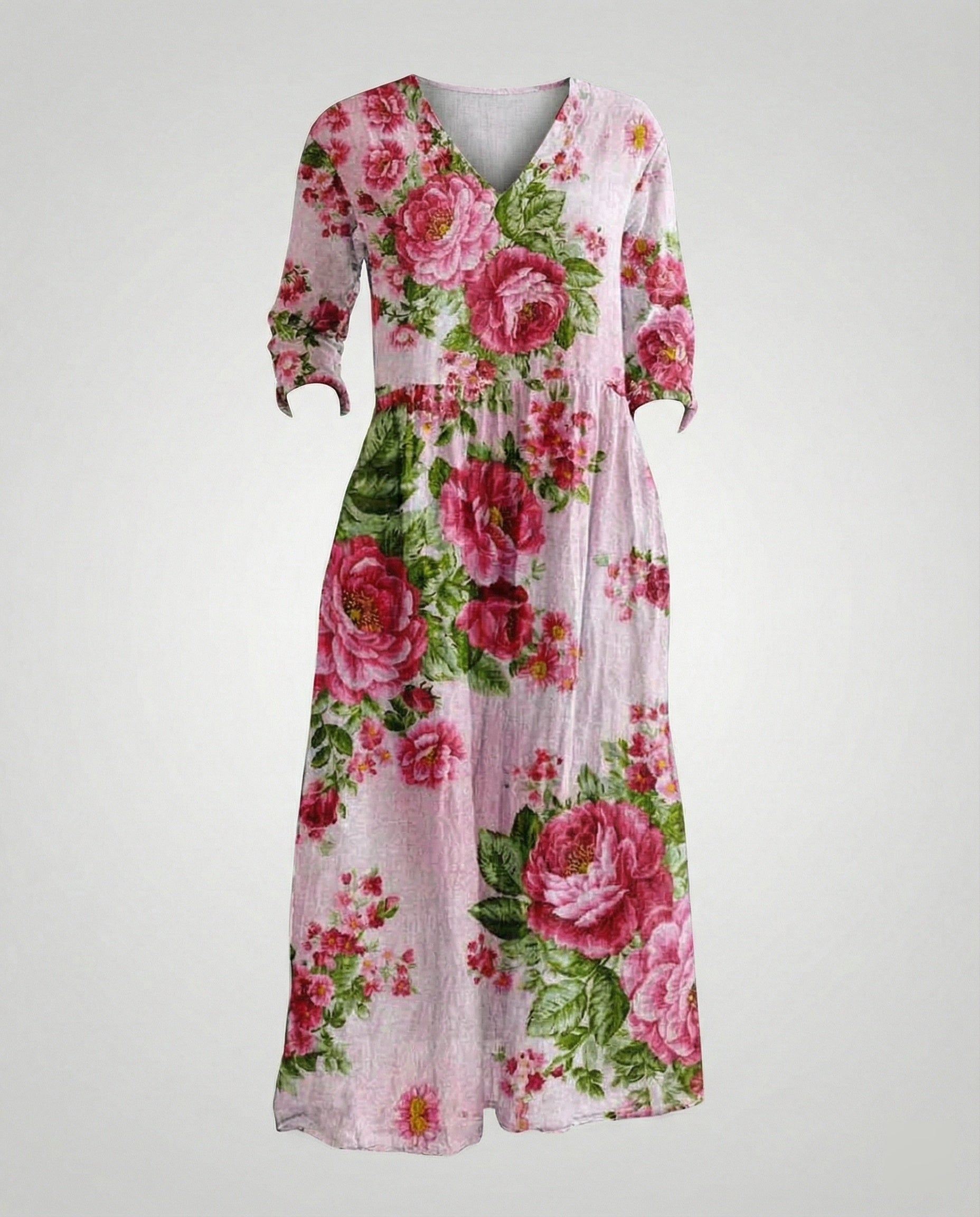 Damen Maxikleid Sommer Leinenoptik V-Ausschnitt