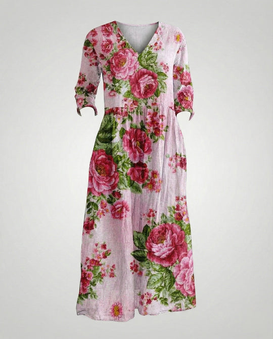 Damen Maxikleid Sommer Leinenoptik V-Ausschnitt