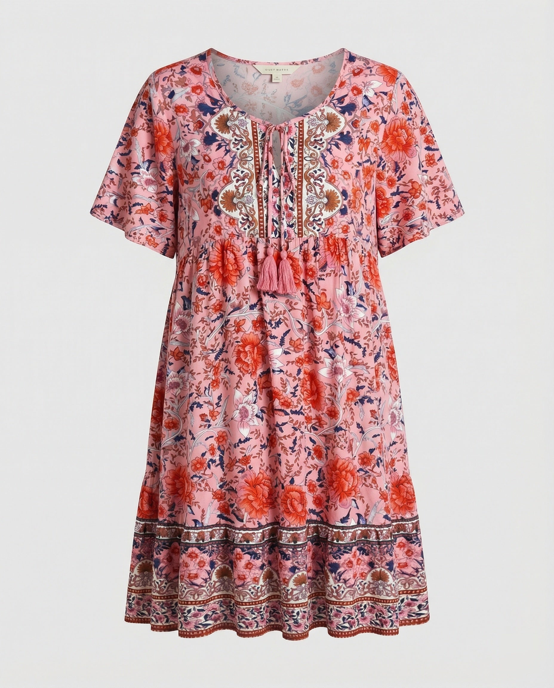 Damen Boho Midikleid A-Linie mit Bordüre