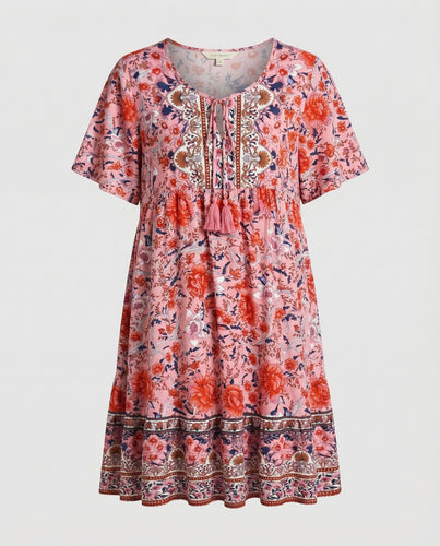 Damen Boho Midikleid A-Linie mit Bordüre
