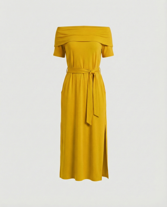 Damen Off-Shoulder Maxikleid mit Taillengürtel und seitlichem Schlitz R&B