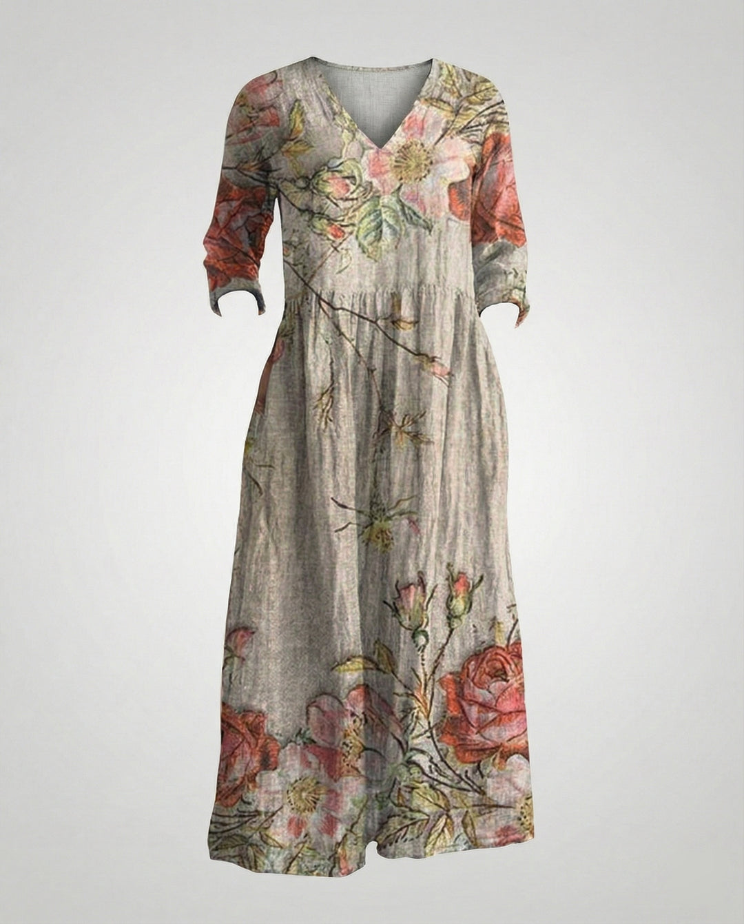 Damen Maxikleid Sommer Leinenoptik V-Ausschnitt