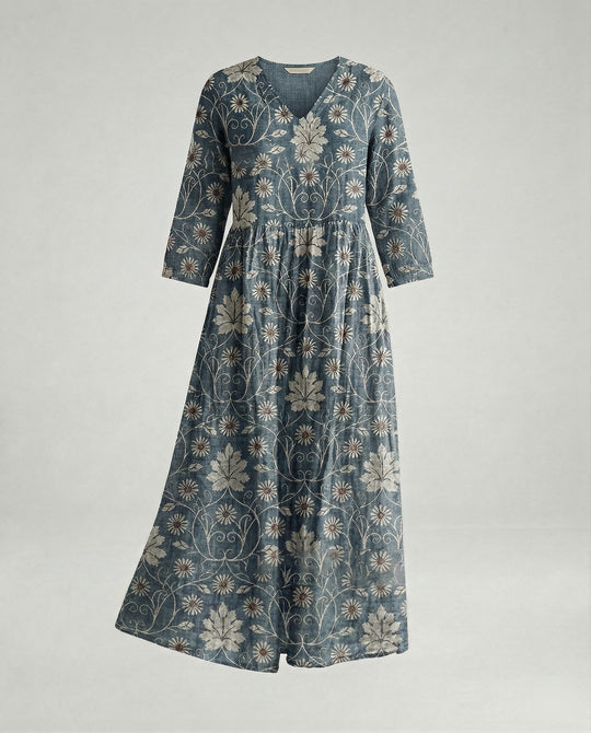 Damen Maxikleid Sommer Leinenoptik V-Ausschnitt