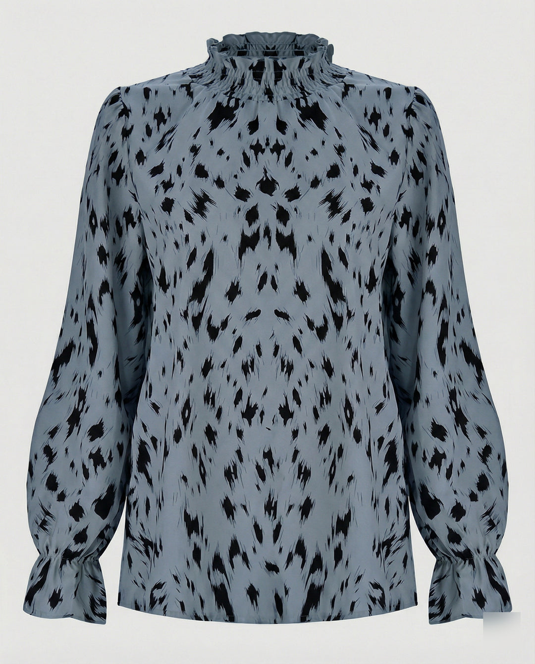 Damen elegante Bluse mit Rüschensaum und stilvollem Tiermuster R&B