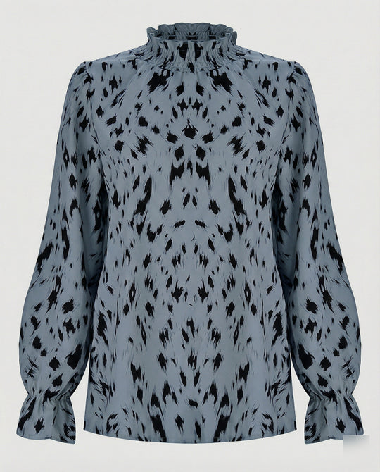 Damen elegante Bluse mit Rüschensaum und stilvollem Tiermuster R&B