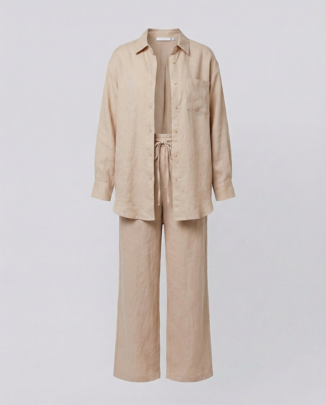 Damen Lässiges Leinen-Outfit mit weit geschnittenem Hemd und lockeren Hosen R&B